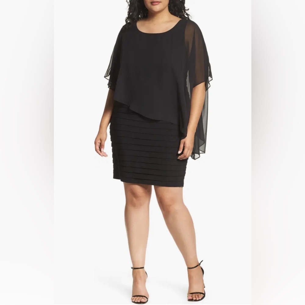 ADRIANNA PAPELL Black Formal Chiffon Overlay Shutter Pleat Sheath Dress Size 8